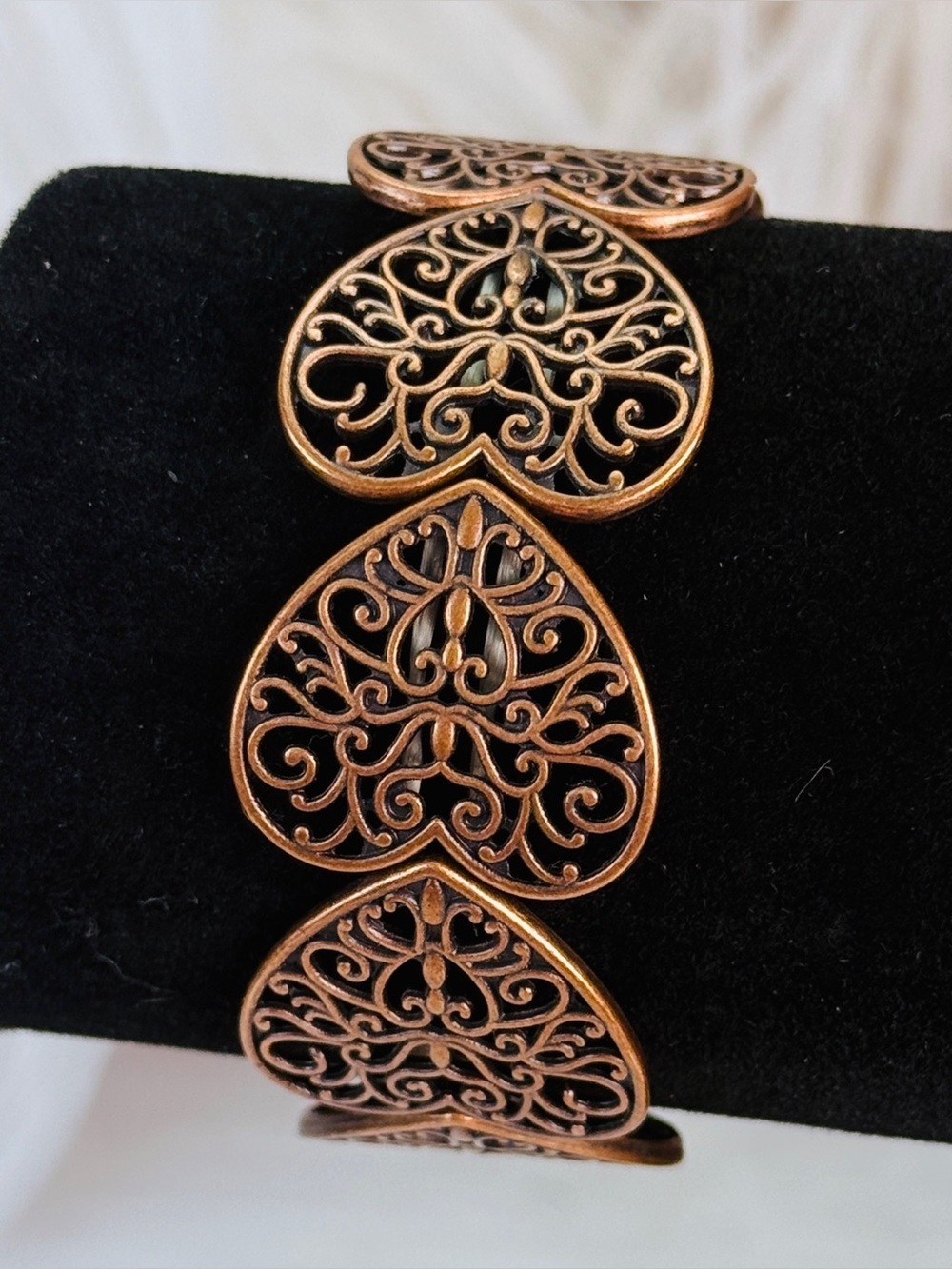 Copper tone Heart Filigree Stretch Bracelet - Picture 4 of 14